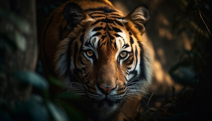 Bengal tiger staring, close up portrait of majestic undomesticated cat generated by AI
