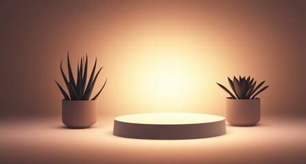 round cylinder succulents podium. minimalistic background. warm light. Empty showcase for eco cosmetic product presentation