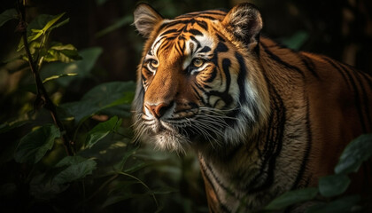 Obraz premium Majestic tiger stares with aggression, a beauty in nature tranquility generated by AI