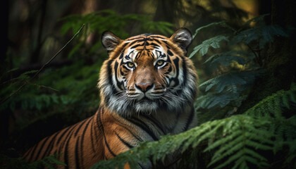 Fototapeta na wymiar Majestic Bengal tiger staring, walking through tropical rainforest wilderness generated by AI