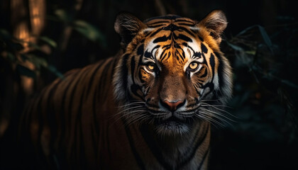 Fototapeta na wymiar Bengal tiger staring, close up portrait of majestic big cat generated by AI