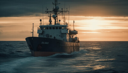 Fototapeta premium Tranquil seascape, sunset silhouette, industrial ship, steel equipment, peaceful journey generated by AI