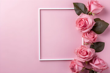 Beautiful flowers composition. Blank frame for text, pink rose flowers on pastel pink background