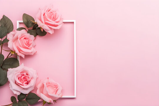 Beautiful flowers composition. Blank frame for text, pink rose flowers on pastel pink background