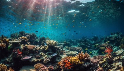 Fototapeta na wymiar Colorful underwater adventure school of fish, turtle, and coral reef generated by AI