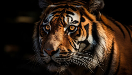 Black jaguar fierce eye stares in tranquil tropical rainforest portrait generated by AI