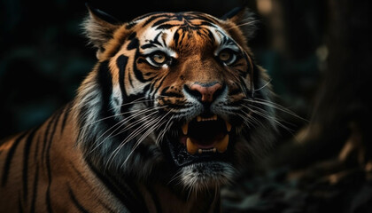 Close up portrait of a majestic Bengal tiger staring fiercely generated by AI