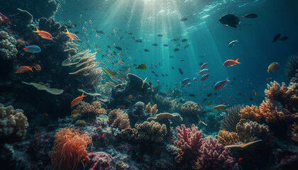 Obraz na płótnie Canvas Colorful aquatic school of fish swim in the beautiful Red Sea generated by AI