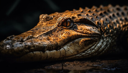 Fototapeta premium Spectacled caiman resting in swamp, looking at camera with aggression generated by AI