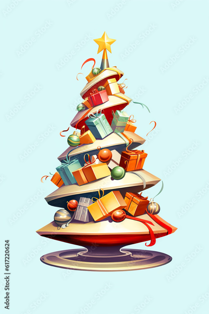 Poster a christmas tree with presents on top of it. generative ai.