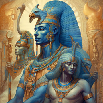 Egyptian gods, deep in thought, reminisce about ancient times, their expressions filled with longing and melancholy, rendered in a photorealistic style.