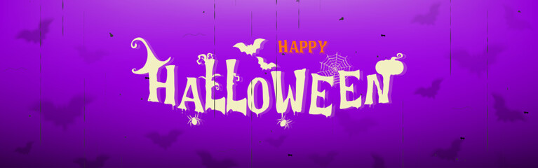Happy Halloween Text Banner in Film retro style on Purple sky with Bats fly background Vector illustration.