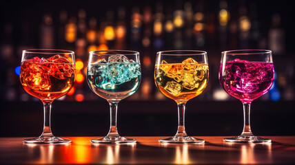 4 Cocktails / Drinks in Neonfarben und Neonlicht. Generative Ai. 