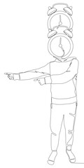 One continuous line of Man with pointing finger and alarm clock as head, symbol of time as disguise. Thin Line Illustration vector concept. Contour Drawing Creative ideas.