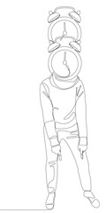 One continuous line of Man with pointing finger and alarm clock as head, symbol of time as disguise. Thin Line Illustration vector concept. Contour Drawing Creative ideas.