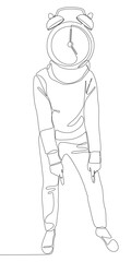 One continuous line of Man with pointing finger and alarm clock as head, symbol of time as disguise. Thin Line Illustration vector concept. Contour Drawing Creative ideas.