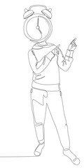 One continuous line of Man with pointing finger and alarm clock as head, symbol of time as disguise. Thin Line Illustration vector concept. Contour Drawing Creative ideas.