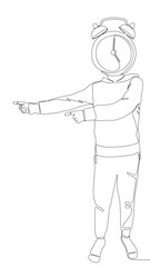 One continuous line of Man with pointing finger and alarm clock as head, symbol of time as disguise. Thin Line Illustration vector concept. Contour Drawing Creative ideas.