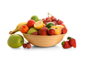 Bowl with different fresh fruits on white background