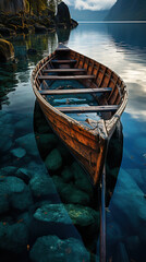Fototapeta na wymiar A wooden boat sitting on top of a calm lake with reflection. Generative AI.