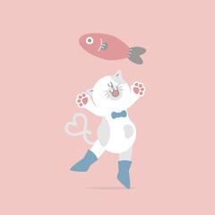 cute and lovely white cat with fish, happy valentine's day, birthday, love concept, flat vector illustration cartoon character costume design