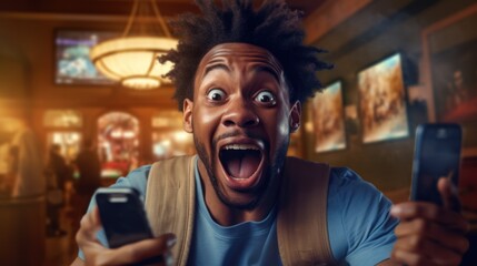 Excited young black man holding a smartphone Worried about making sports bets on his favorite football team? Emotions of success come true when a soccer team scores the winning goal. - obrazy, fototapety, plakaty