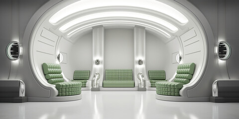 A futuristic room with green chairs and stairs. Generative AI.