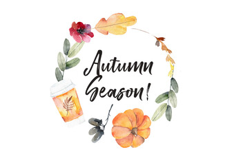 Watercolor banner of leaves and branches isolated on white background. Autumn illustration for greeting cards, wedding invitations, quote and decorations.