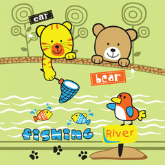 fishing time funny animal cartoon,vector illustration