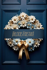 A blue door with a wreath of flowers on it. Text Felices Fiestas means Happy Holidays in Spanish. Generative AI.