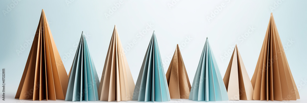 Poster a row of folded paper trees on a white surface. generative ai. simple christmas trees.