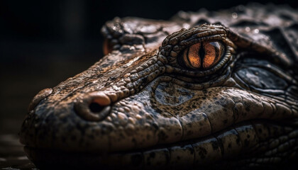 Fototapeta premium Green alligator hides in swamp, showing fierce aggression towards camera generated by AI