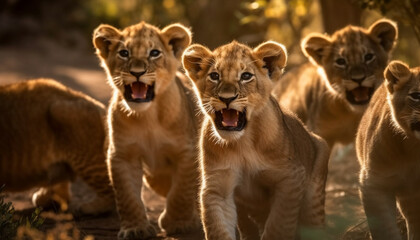 Yellow sunset on savannah, lion family yawns, teeth in focus generated by AI