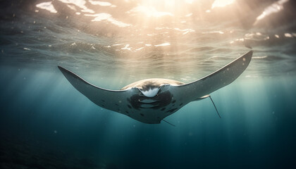 Obraz na płótnie Canvas Majestic manta ray swimming in deep blue sea, surrounded by aquatic life generated by AI