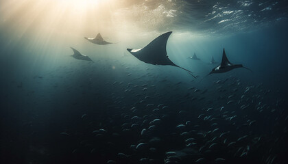 Fototapeta na wymiar Majestic animals in the wild swim in awe inspiring seascape generated by AI
