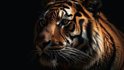 Majestic Bengal tiger staring with aggression, beauty in nature tranquility generated by AI