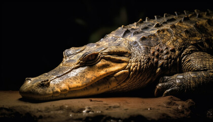 Fototapeta premium Large crocodile resting in dark swamp, dangerous animal in nature generated by AI