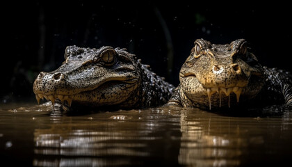 Obraz premium Large crocodile and alligator in furious underwater confrontation, dangerous nature generated by AI