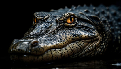 Fototapeta premium Spotted reptile with large teeth, looking at camera in pond generated by AI