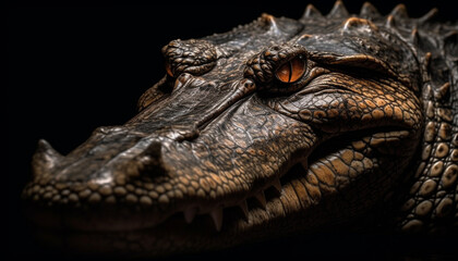 Obraz premium Furious alligator dangerous teeth in close up portrait, on black generated by AI