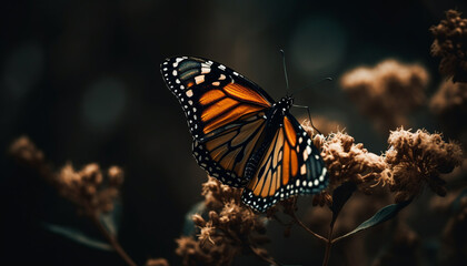 Fototapeta na wymiar Vibrant monarch butterfly wing showcases natural beauty in multi colored pattern generated by AI