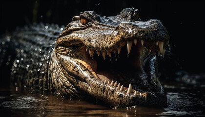 Obraz premium Crocodile teeth show aggression in the wet tropical climate generated by AI