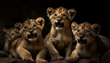 Three playful feline cubs staring, teeth bared, in nature studio generated by AI