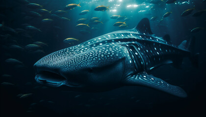Fototapeta premium Majestic spotted whale shark swimming in deep blue saltwater reef generated by AI