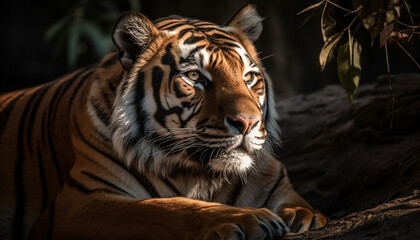 Majestic Bengal tiger staring at camera in tropical rainforest generated by AI