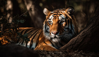 Fototapeta na wymiar Majestic Bengal tiger hiding in grass, staring with aggression generated by AI