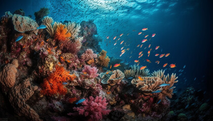 Fototapeta na wymiar Multi colored sea life in idyllic underwater Caribbean landscape generated by AI