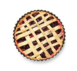 Baking dish with tasty cherry pie on white background