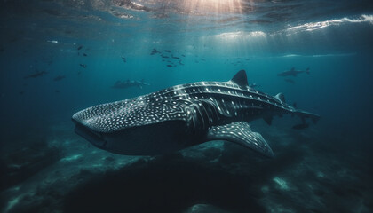 Obraz premium Majestic whale shark swims below tranquil red sea waters generated by AI