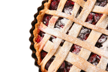 Baking dish with tasty cherry pie on white background